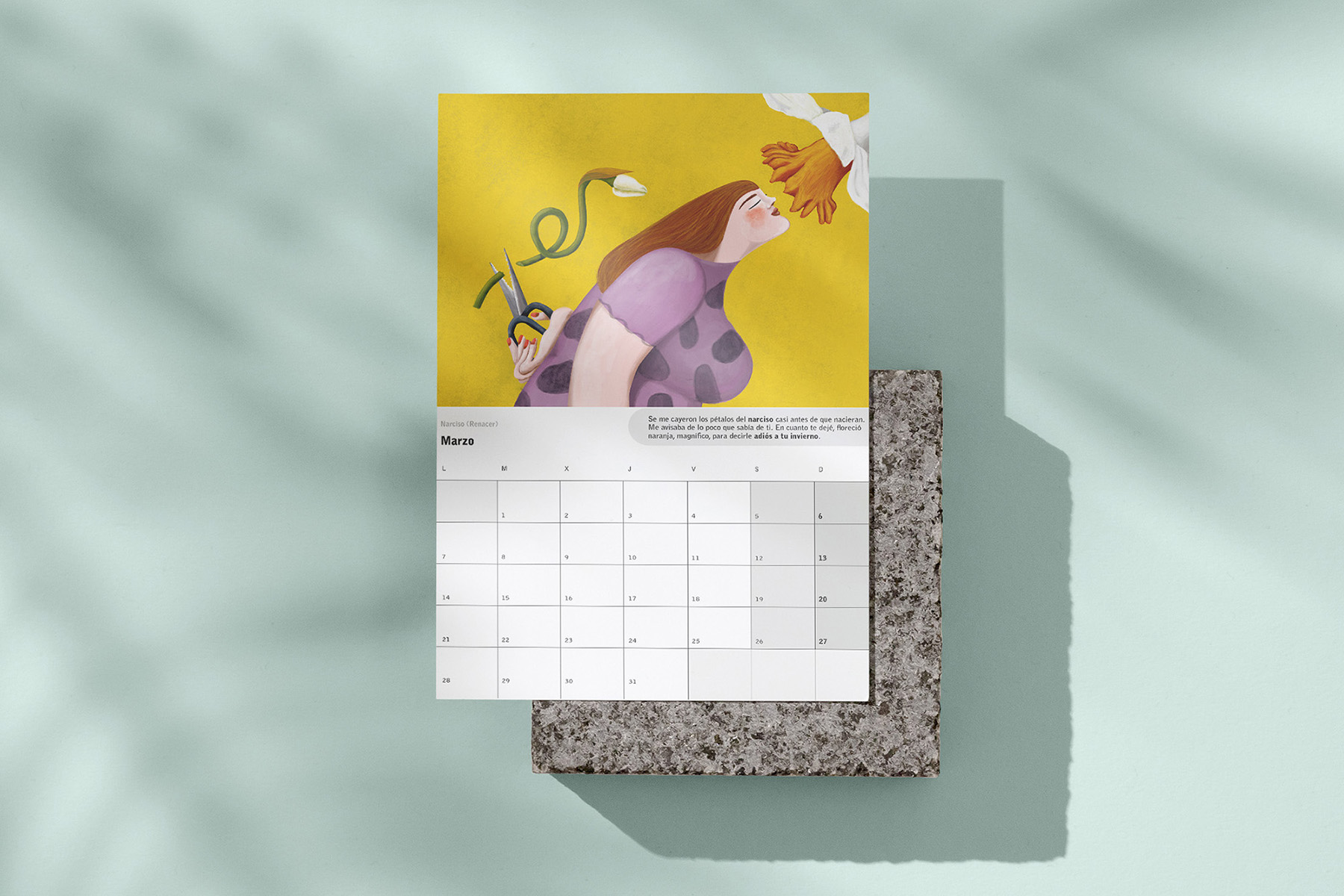 Calendario con ilustraciones de mujeres y flores