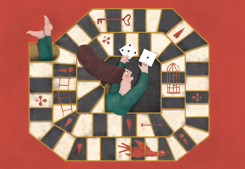 Editorial illustration of a woman with The goose game