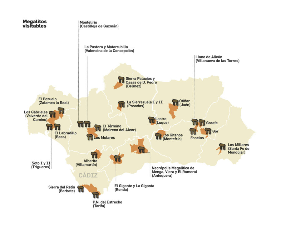 Mapa vector con la ubicación de dólmenes visitadles en Andalucía