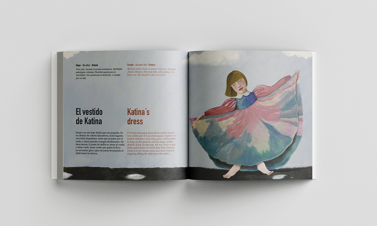 Ilustración de una niña con vestido arcoíris y lluvia