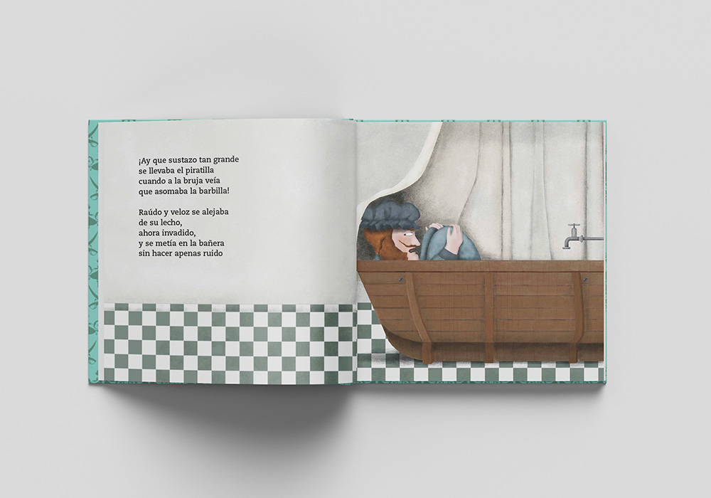 Ilustración cuento infantil con pirata escondido en una bañera