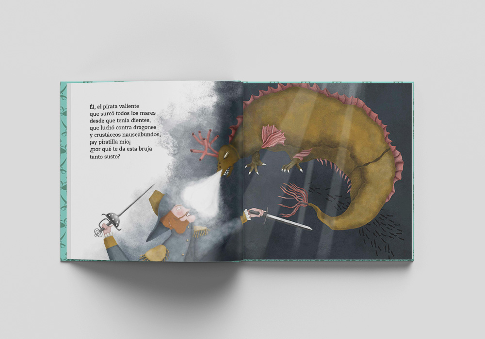 Ilustración de cuento infantil donde un pirata lucha con un monstruo
