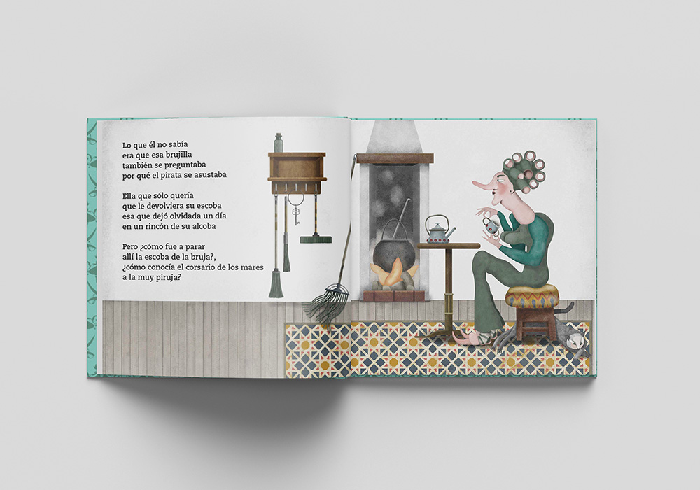 Ilustración para cuento infantil de una bruja tomando té junto a la chimenea