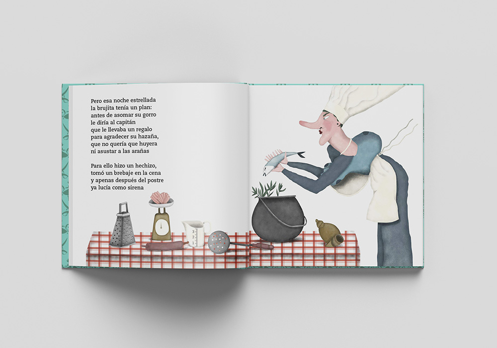 Ilustración para cuento infantil de bruja cocinando