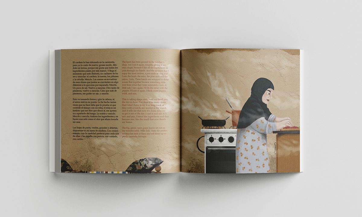 Ilustración anciana árabe cocinando pobreza