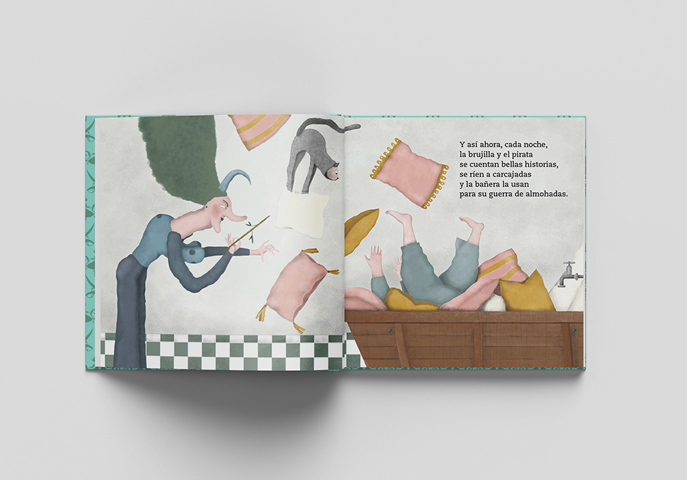 Ilustración para cuento infantil de una batalla de almohadas