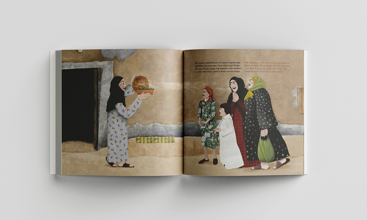 Ilustración de un grupo de mujeres y niños árabes