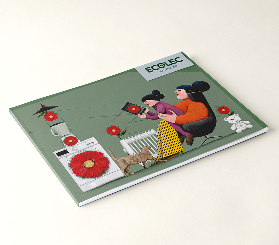 Ilustración editorial para portada memoria Ecolec sobre electrodomésticos y plantas