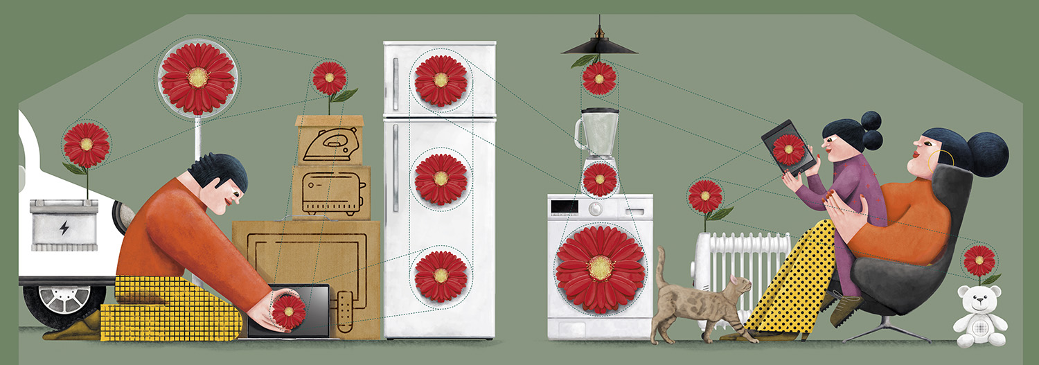 Ilustración editorial para portada memoria Ecolec sobre electrodomésticos y plantas