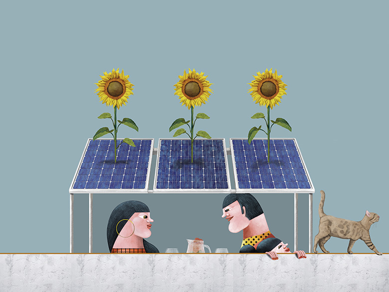 Ilustración editorial para la memoria de sostenibilidad de Ecolec sobre electrodomésticos y plantas