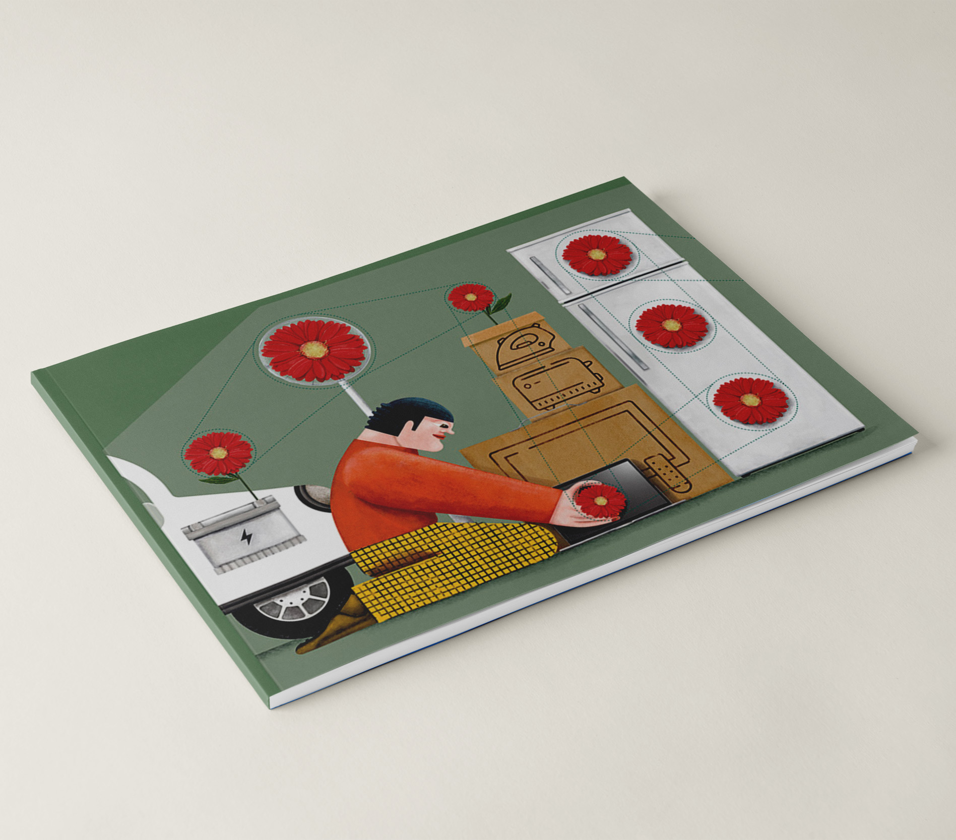 Ilustración editorial para la contraportada de la memoria de sostenibilidad de Ecolec sobre electrodomésticos y plantas