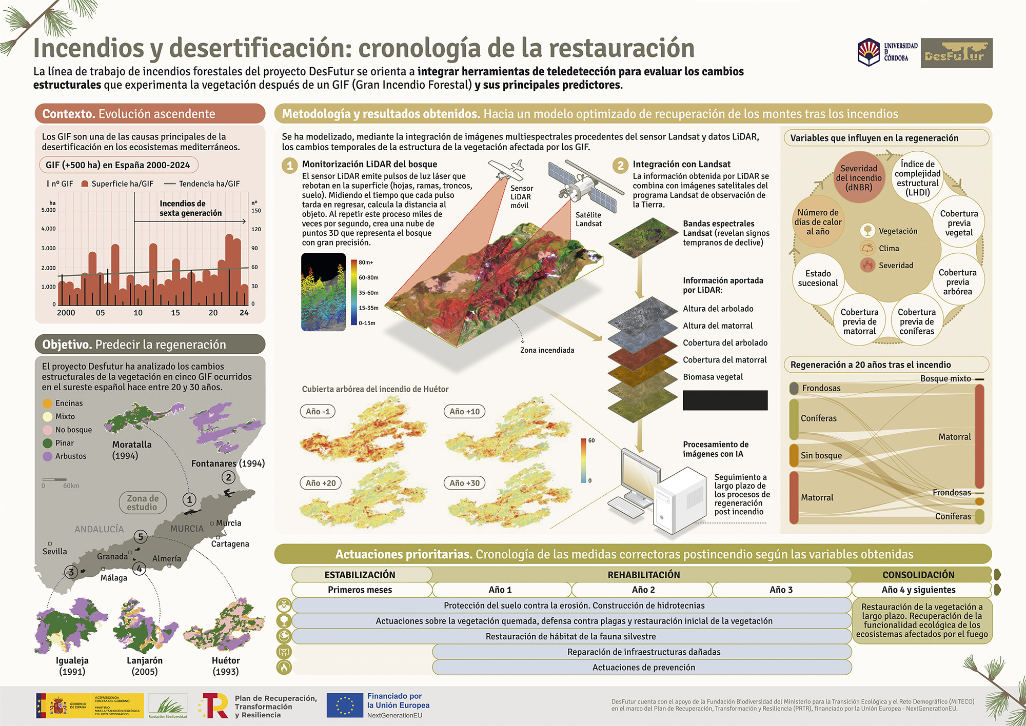 Póster infográfico que resume los resultados del proyecto de investigación Desfutur, sobre desertificación e incendios forestales en España